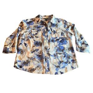 Karen Scott Button Shirt Women's M Blue Floral 3/4 Sleeve​